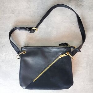 Sondra Roberts Squared Black Leather Shoulder Bag Suede Purse Zipper Top Pocket